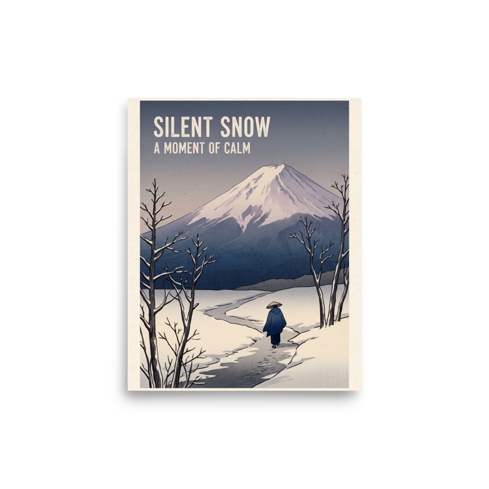 'Silent Snow'. A lone traveler walks along a snowy path toward Mount Fuji under typography reading Silent Snow, ideal for a bedroom. Offered as a Shin hanga print.