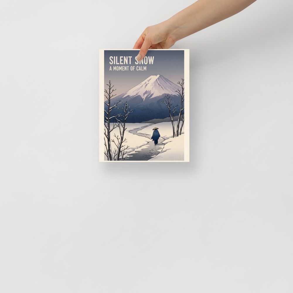 A lone traveler walks along a snowy path toward Mount Fuji under typography reading Silent Snow, ideal for a bedroom. A Shin hanga art print titled 'Silent Snow'.