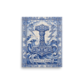 The Folk art print 'O Martelo dos Azulejos'. A blue and white Portuguese tile mural depiction of Thor's hammer Mjölnir surrounded by ocean waves in a Dining Room setting.