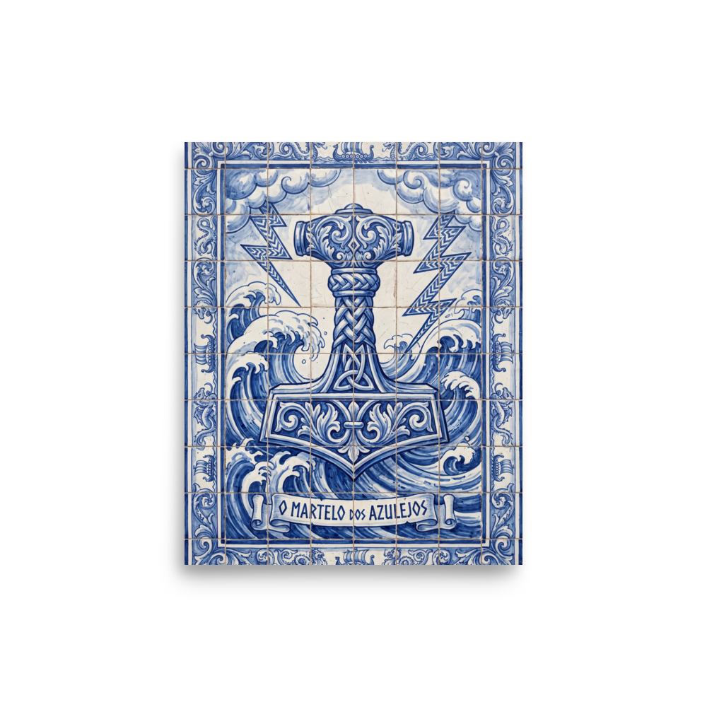 The Folk art print 'O Martelo dos Azulejos'. A blue and white Portuguese tile mural depiction of Thor's hammer Mjölnir surrounded by ocean waves in a Dining Room setting.
