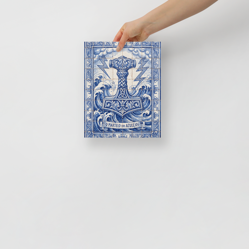 A intricate / ornate scene in blue and royal blue, 'O Martelo dos Azulejos'. A blue and white Portuguese tile mural depiction of Thor's hammer Mjölnir surrounded by ocean waves in a Dining Room setting.