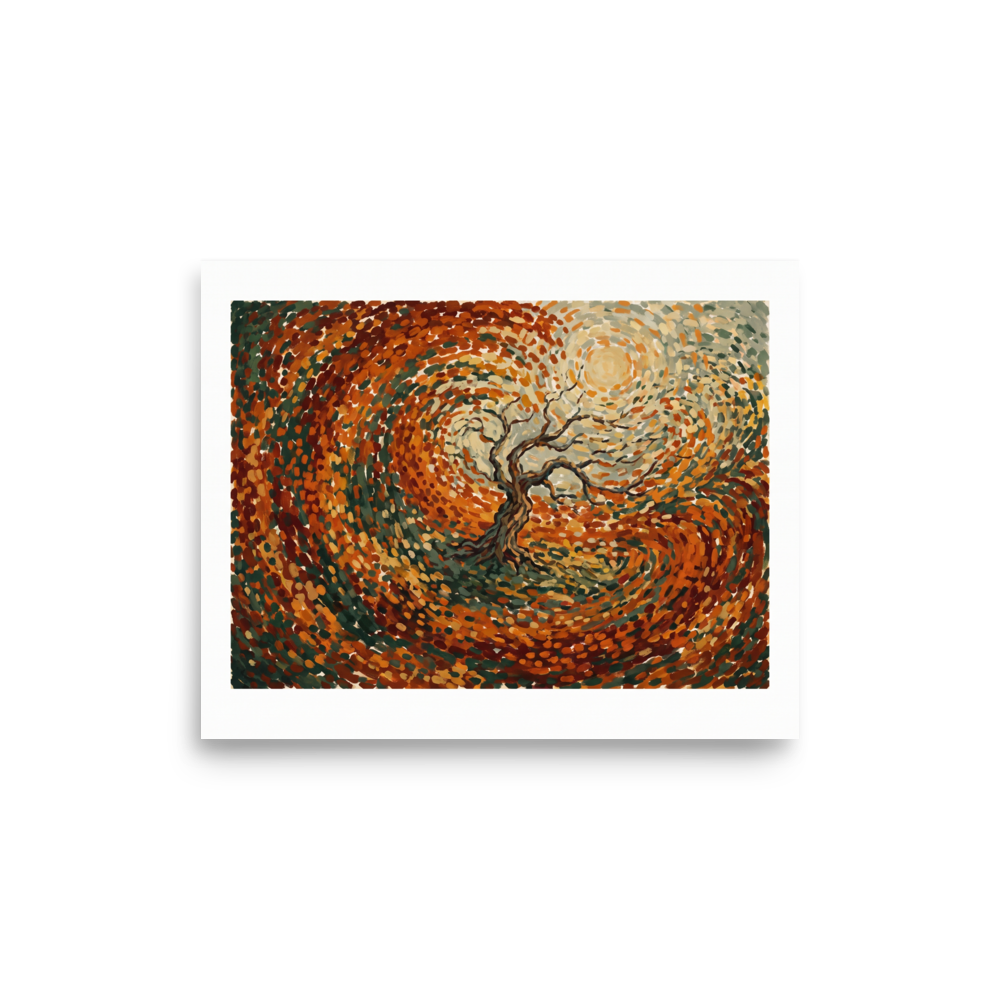 Post-Impressionism wall art exploring nature, 'Autumn's Embrace'. A vibrant post-impressionist painting of a swirling autumn wind around a bare tree, perfect for adding warmth to a Living Room.