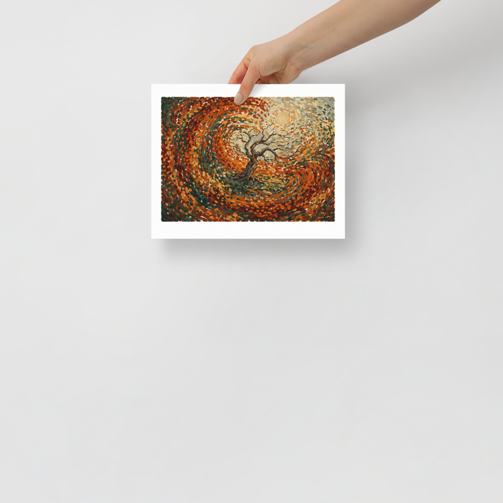 A vibrant post-impressionist painting of a swirling autumn wind around a bare tree, perfect for adding warmth to a Living Room. Available as the Post-Impressionism art print 'Autumn's Embrace'.