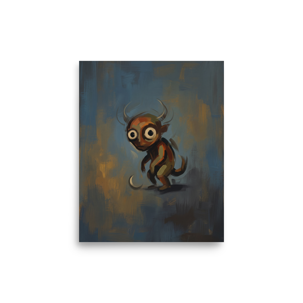 'The Curious Imp'. An oil painting of a wide-eyed horned imp in a moody game room wall art display. Offered as a Lowbrow print.
