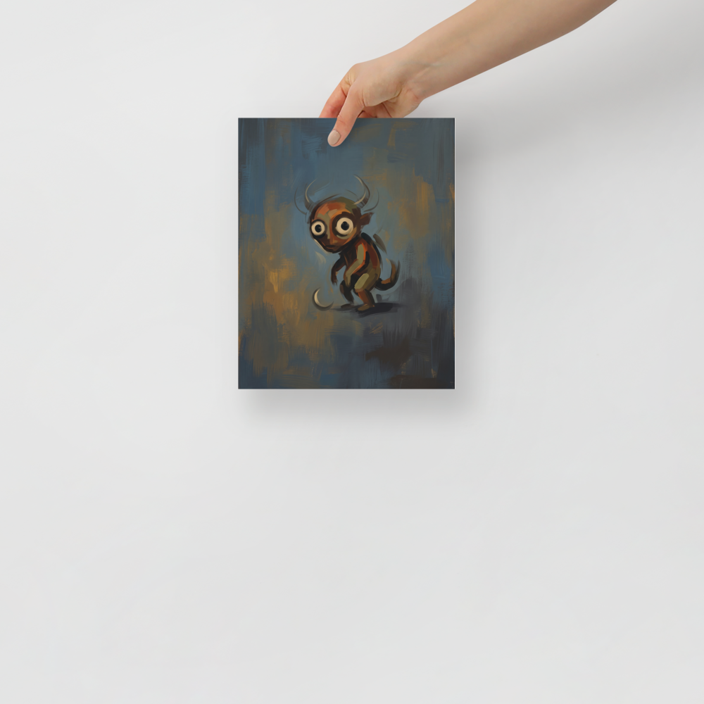 Fine art print 'The Curious Imp' in a Lowbrow style. An oil painting of a wide-eyed horned imp in a moody game room wall art display.