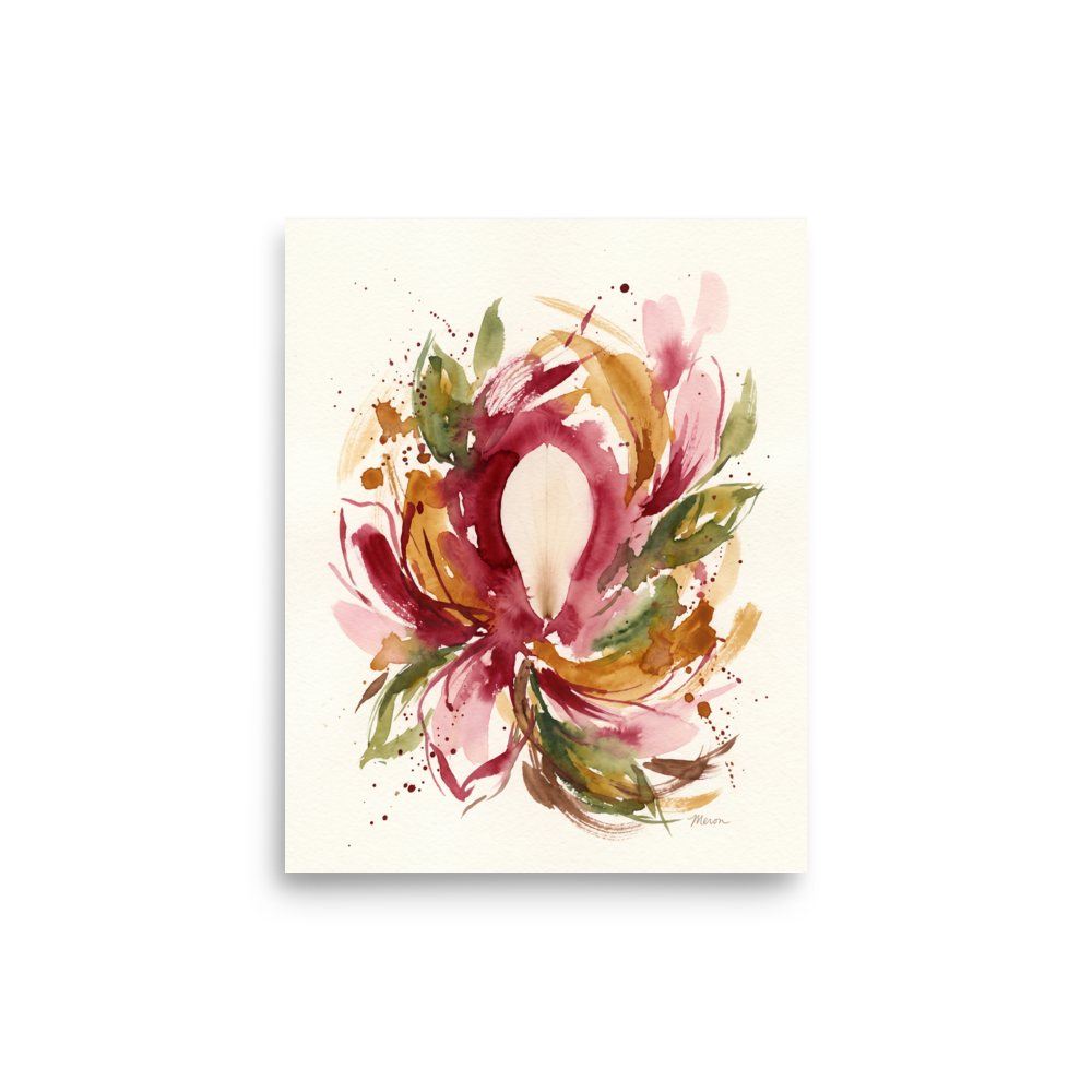 'Petal Symphony', a Abstract art wall art print. Abstract watercolor floral painting in burgundy and ochre hues displayed in a bright living room.