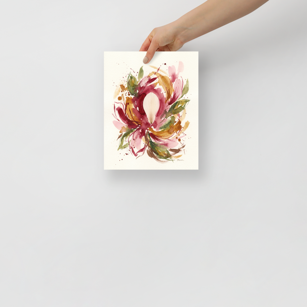 Abstract art wall art exploring floral, 'Petal Symphony'. Abstract watercolor floral painting in burgundy and ochre hues displayed in a bright living room.