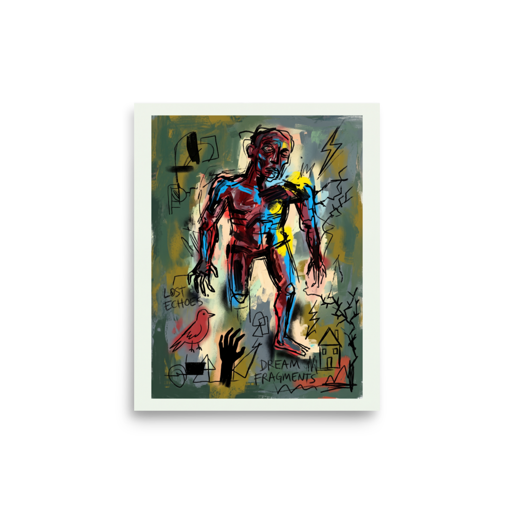 A raw neo-expressionist figure surrounded by lightning bolts and scribbled text reading dream fragments, creating striking energy for an office or living room. 'Dream Fragments', a Neo-expressionism print for the wall.