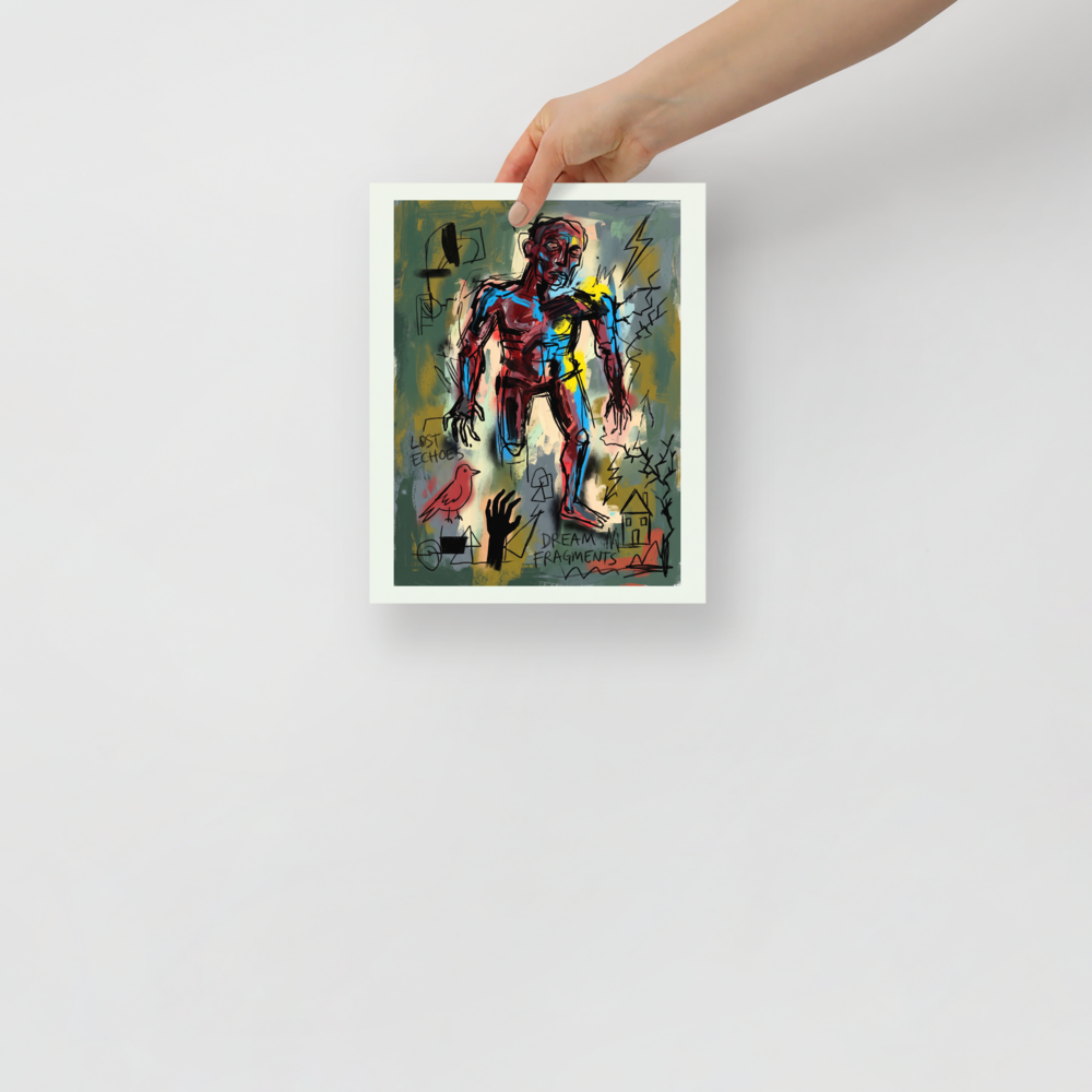 Neo-expressionism wall art for the living room, 'Dream Fragments'. A raw neo-expressionist figure surrounded by lightning bolts and scribbled text reading dream fragments, creating striking energy for an office or living room.