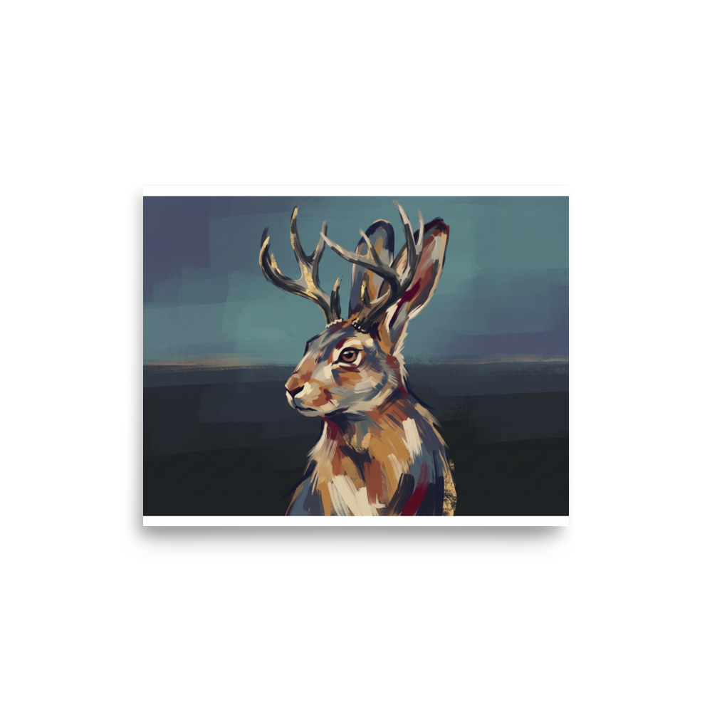 'Sentinel Jackalope'. Serene painterly portrait of a mythical Jackalope with golden antlers, ideal for a library wall. Offered as a Figurative art print.