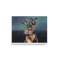 'Sentinel Jackalope'. Serene painterly portrait of a mythical Jackalope with golden antlers, ideal for a library wall. Offered as a Figurative art print.