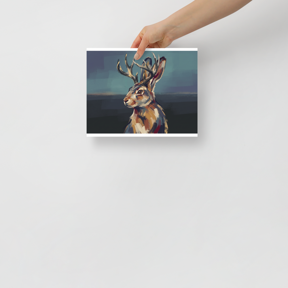 Wall art print 'Sentinel Jackalope' in a Figurative art style. Serene painterly portrait of a mythical Jackalope with golden antlers, ideal for a library wall.