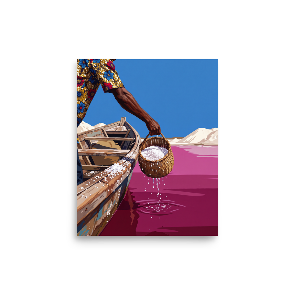 Wall art print 'Pink Lake Harvest' in a Figurative art style. Man in a floral shirt lifting a woven basket of salt from a bright pink lake into a wooden boat, perfect for a living room.