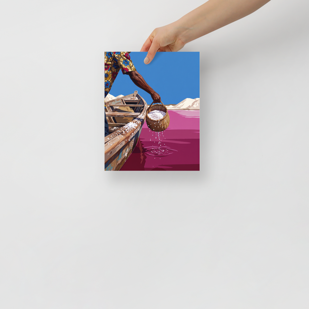 'Pink Lake Harvest'. Man in a floral shirt lifting a woven basket of salt from a bright pink lake into a wooden boat, perfect for a living room. Offered as a Figurative art print.