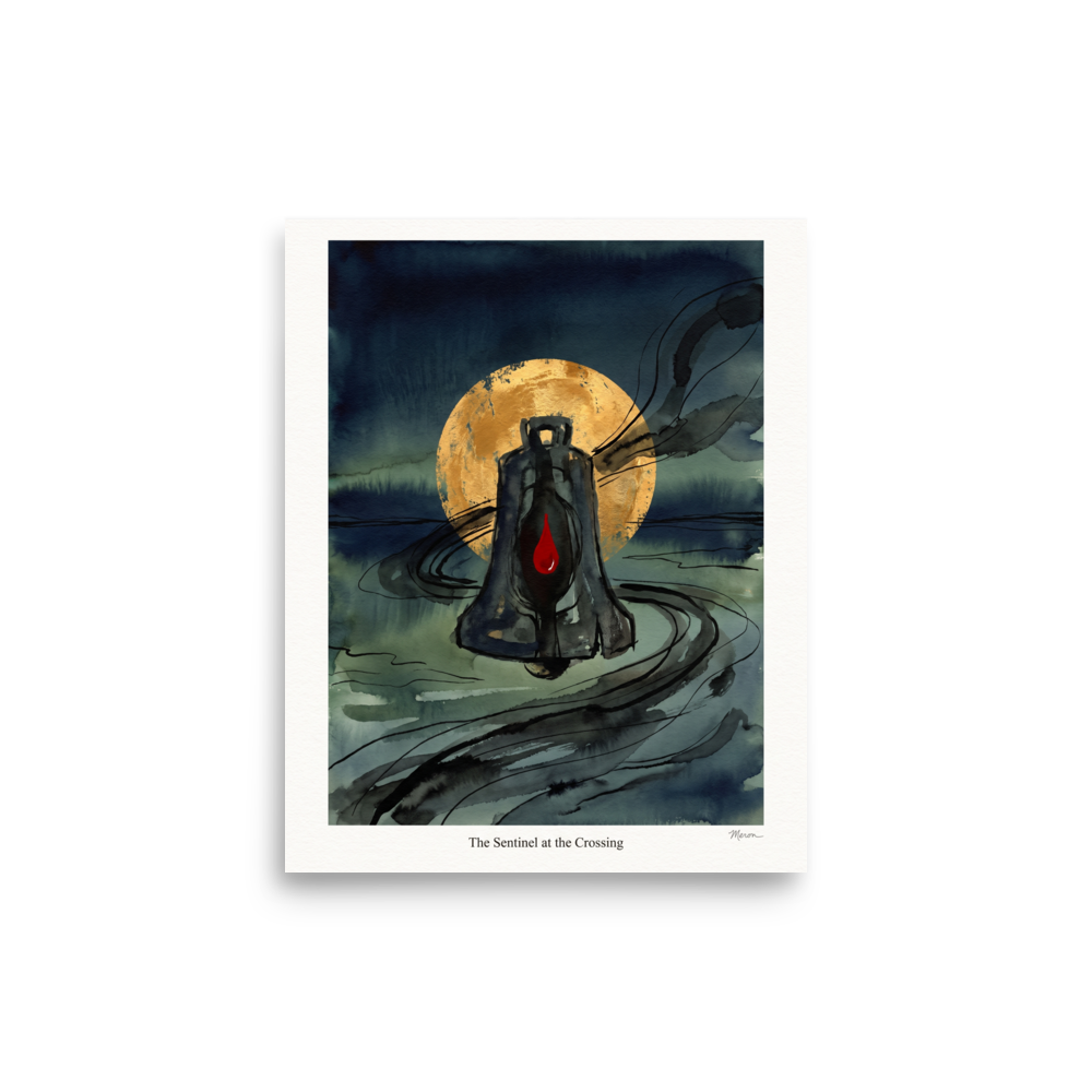 A mystical lantern with a red glowing flame set against a golden moon and dark teal watercolor waters, ideal for bedroom decor. A Symbolism print in dark slate gray and gold, 'The Sentinel at the Crossing'.