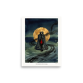 A mystical lantern with a red glowing flame set against a golden moon and dark teal watercolor waters, ideal for bedroom decor. A Symbolism print in dark slate gray and gold, 'The Sentinel at the Crossing'.