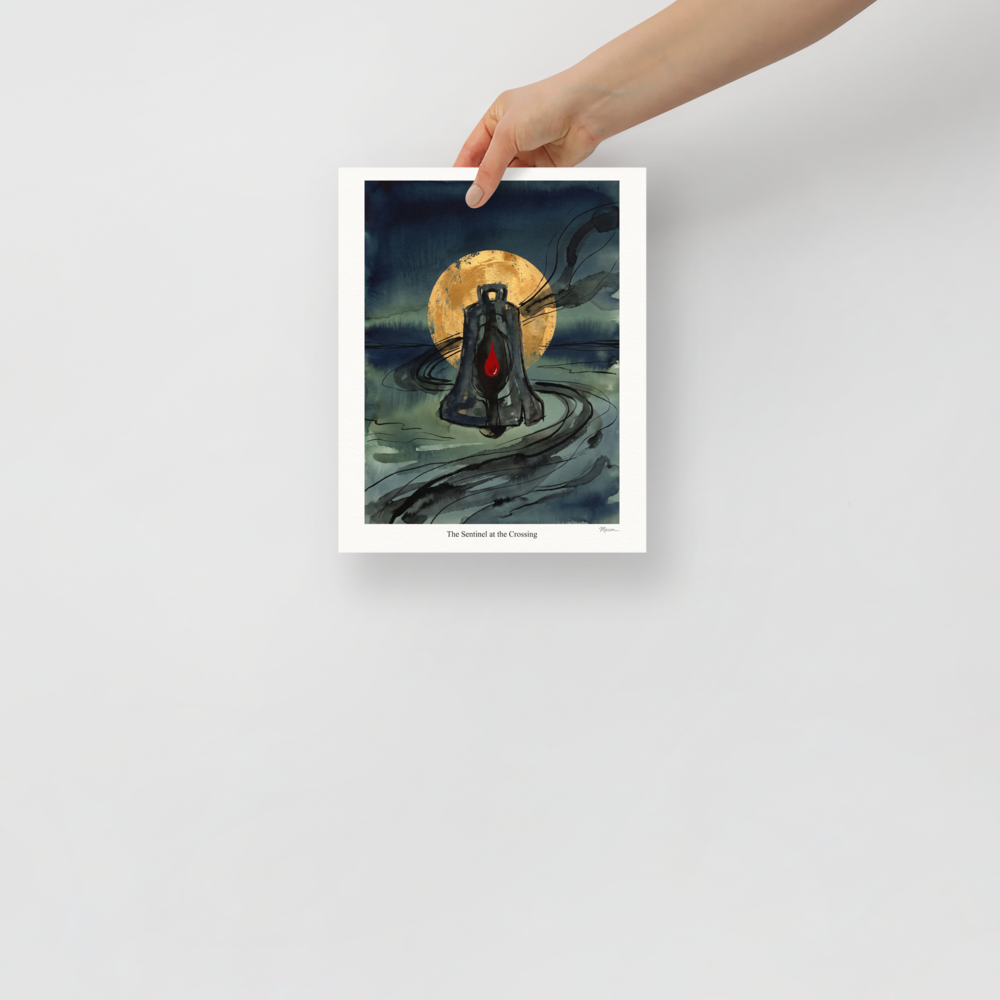 A mystical lantern with a red glowing flame set against a golden moon and dark teal watercolor waters, ideal for bedroom decor. A mystical / mysterious piece titled 'The Sentinel at the Crossing'.