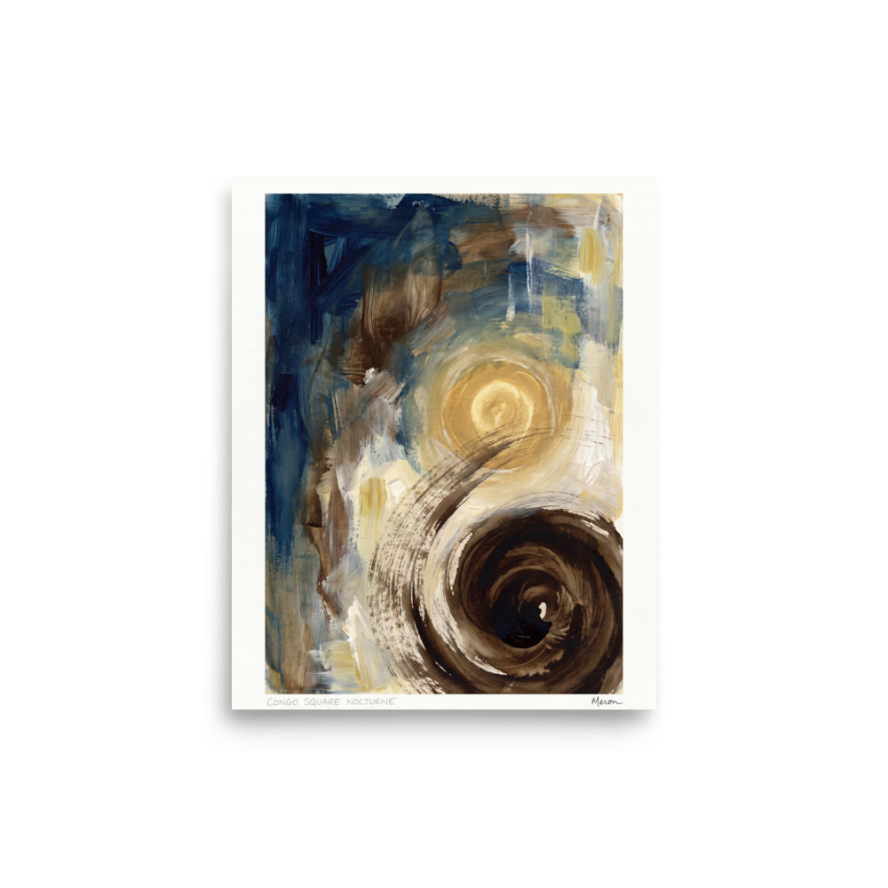 'Congo Square Nocturne'. Swirling golden moon aura and dark espresso vortex painterly strokes on a blue and ochre canvas in a living room wall art display. Offered as a Abstract expressionism print.