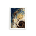'Congo Square Nocturne'. Swirling golden moon aura and dark espresso vortex painterly strokes on a blue and ochre canvas in a living room wall art display. Offered as a Abstract expressionism print.
