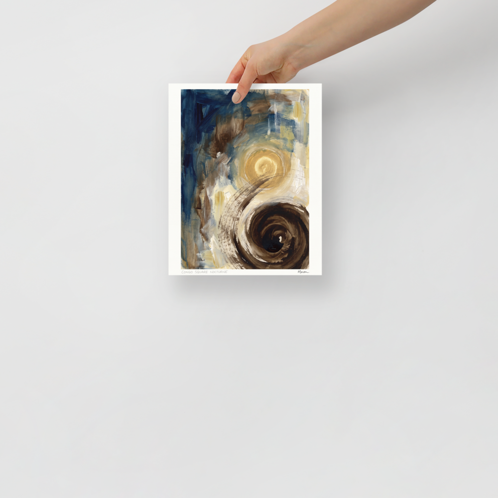 Swirling golden moon aura and dark espresso vortex painterly strokes on a blue and ochre canvas in a living room wall art display. Available as the Abstract expressionism art print 'Congo Square Nocturne'.