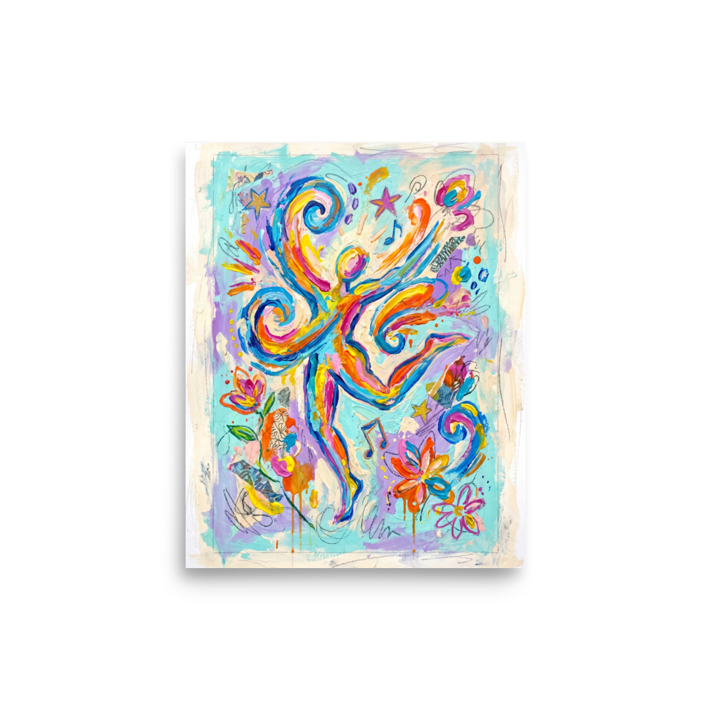 Vibrant abstract figure leaping amidst colorful swirls and musical notes, perfect for Studio decor. A lively / vibrant piece titled 'Joyful Dance of Sound and Motion'.