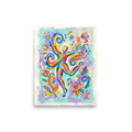 Vibrant abstract figure leaping amidst colorful swirls and musical notes, perfect for Studio decor. A lively / vibrant piece titled 'Joyful Dance of Sound and Motion'.