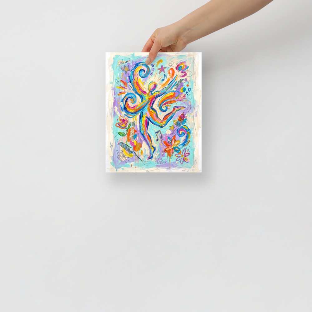 Abstract expressionism wall art exploring music, 'Joyful Dance of Sound and Motion'. Vibrant abstract figure leaping amidst colorful swirls and musical notes, perfect for Studio decor.