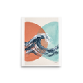 The Abstract art print 'Tidal Intersect'. Textured navy ocean wave breaking across intersecting coral and turquoise geometric circles, ideal for a coastal bathroom.