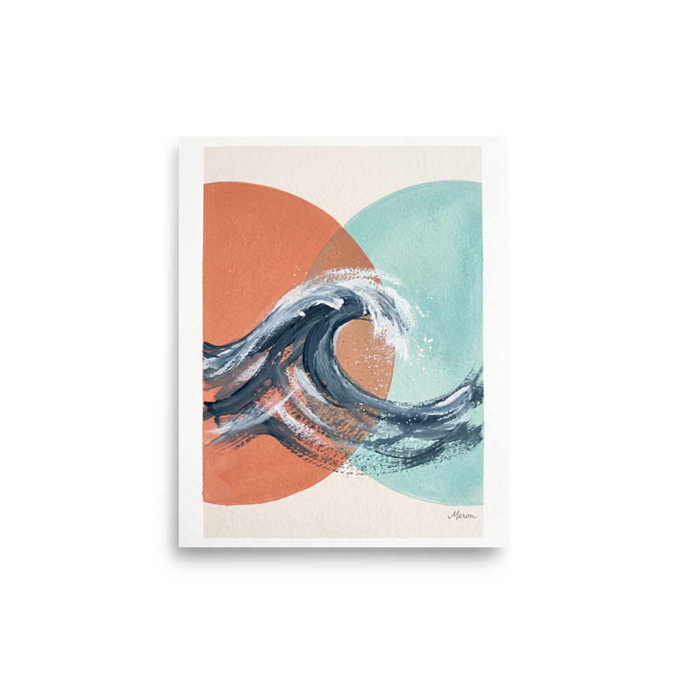The Abstract art print 'Tidal Intersect'. Textured navy ocean wave breaking across intersecting coral and turquoise geometric circles, ideal for a coastal bathroom.