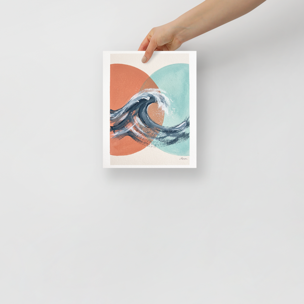 A striking scene in coral and medium turquoise, 'Tidal Intersect'. Textured navy ocean wave breaking across intersecting coral and turquoise geometric circles, ideal for a coastal bathroom.