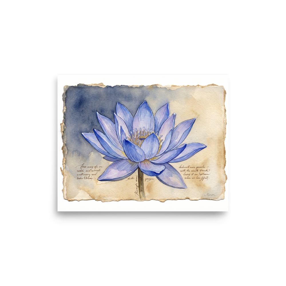 A periwinkle blue lotus flower watercolor with gold accents on handmade paper in a bedroom wall art print. A calmness piece titled 'Blue Lotus Botanical'.