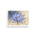 A periwinkle blue lotus flower watercolor with gold accents on handmade paper in a bedroom wall art print. A calmness piece titled 'Blue Lotus Botanical'.
