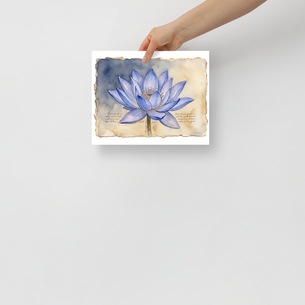Fine art print 'Blue Lotus Botanical' in a Fine Art style. A periwinkle blue lotus flower watercolor with gold accents on handmade paper in a bedroom wall art print.