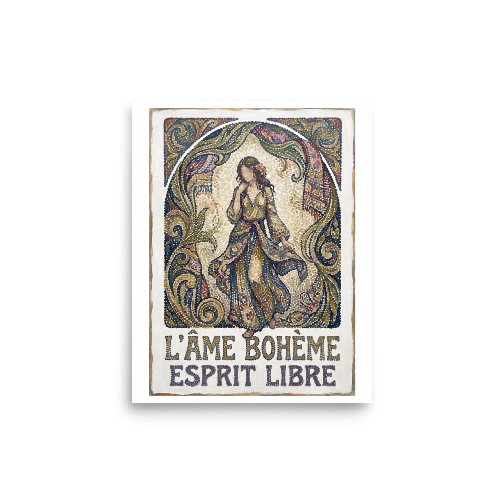 Art Nouveau wall art exploring fashion, 'The Bohemian Spirit'. An Art Nouveau Pointillist poster featuring a figure in a flowing gown with intricate botanical arches in a Bedroom.