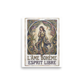 Art Nouveau wall art exploring fashion, 'The Bohemian Spirit'. An Art Nouveau Pointillist poster featuring a figure in a flowing gown with intricate botanical arches in a Bedroom.