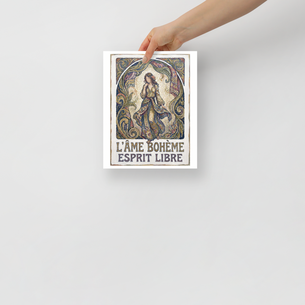 A elegant scene in beige and dark green, 'The Bohemian Spirit'. An Art Nouveau Pointillist poster featuring a figure in a flowing gown with intricate botanical arches in a Bedroom.