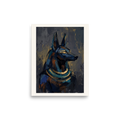 Expressionism wall art for the office, 'The Jackal's Gaze'. An expressive oil painting of the Egyptian god Anubis in profile, featuring bold blue and gold brushstrokes on a dark background, ideal for an elegant office.