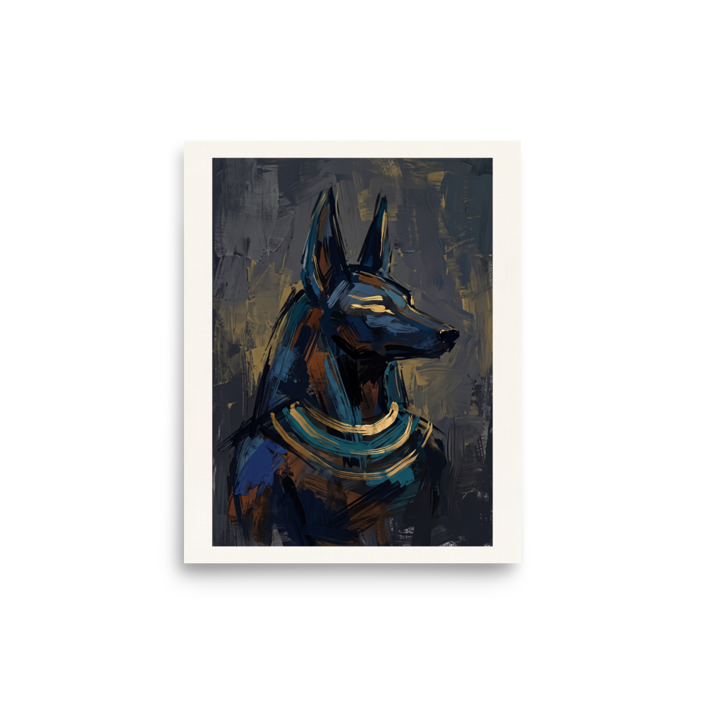 Expressionism wall art for the office, 'The Jackal's Gaze'. An expressive oil painting of the Egyptian god Anubis in profile, featuring bold blue and gold brushstrokes on a dark background, ideal for an elegant office.