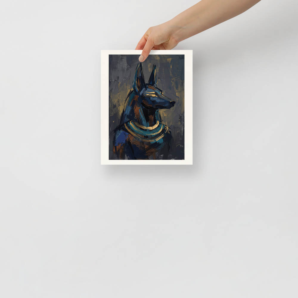 An expressive oil painting of the Egyptian god Anubis in profile, featuring bold blue and gold brushstrokes on a dark background, ideal for an elegant office. A Expressionism art print titled 'The Jackal's Gaze'.