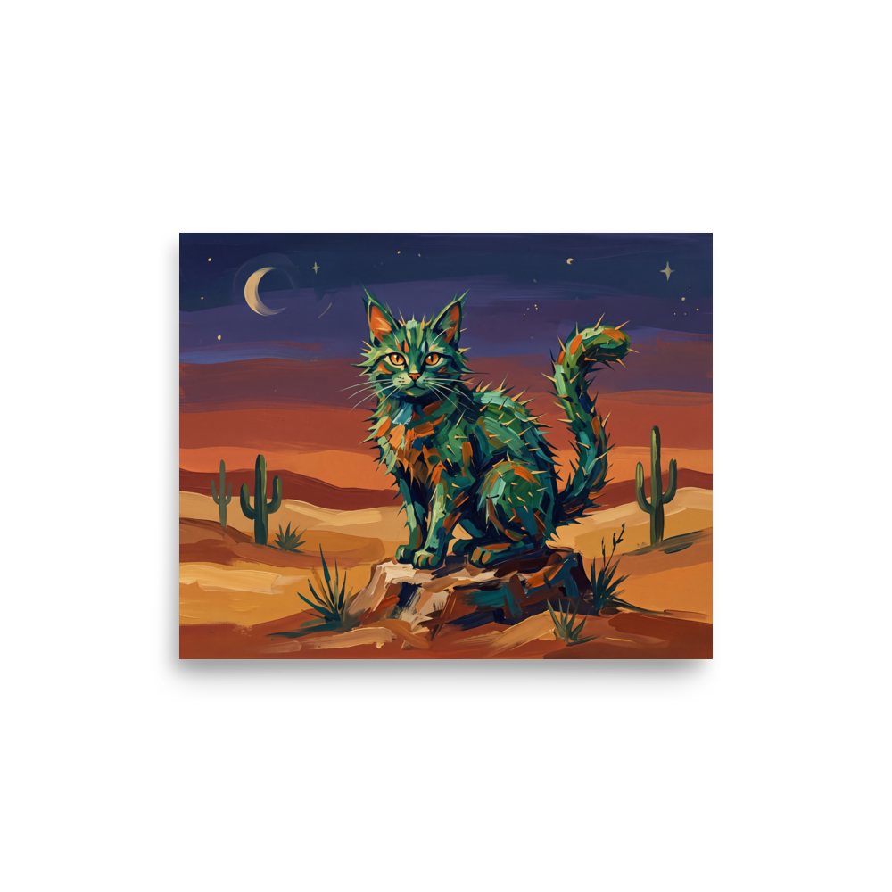 A colorful, whimsical painting of a spiky cactus cat sitting in a desert under a twilight sky, perfect for a cozy Sunroom. A Fauvism print with a acrylic painting techniques look, titled 'The Cactus Cat'.