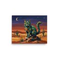 A colorful, whimsical painting of a spiky cactus cat sitting in a desert under a twilight sky, perfect for a cozy Sunroom. A Fauvism print with a acrylic painting techniques look, titled 'The Cactus Cat'.