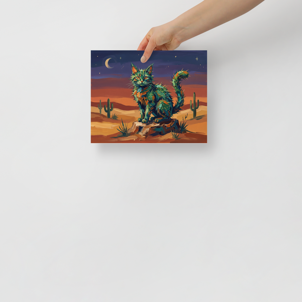 Fine art print 'The Cactus Cat' in a Fauvism style. A colorful, whimsical painting of a spiky cactus cat sitting in a desert under a twilight sky, perfect for a cozy Sunroom.