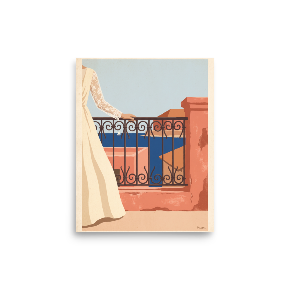 'Coastal Balcony Breeze', Modernism wall art in dark salmon and royal blue. Woman in an ivory lace dress leaning on a wrought iron balcony overlooking a blue sea with a sailboat, ideal for a bedroom.