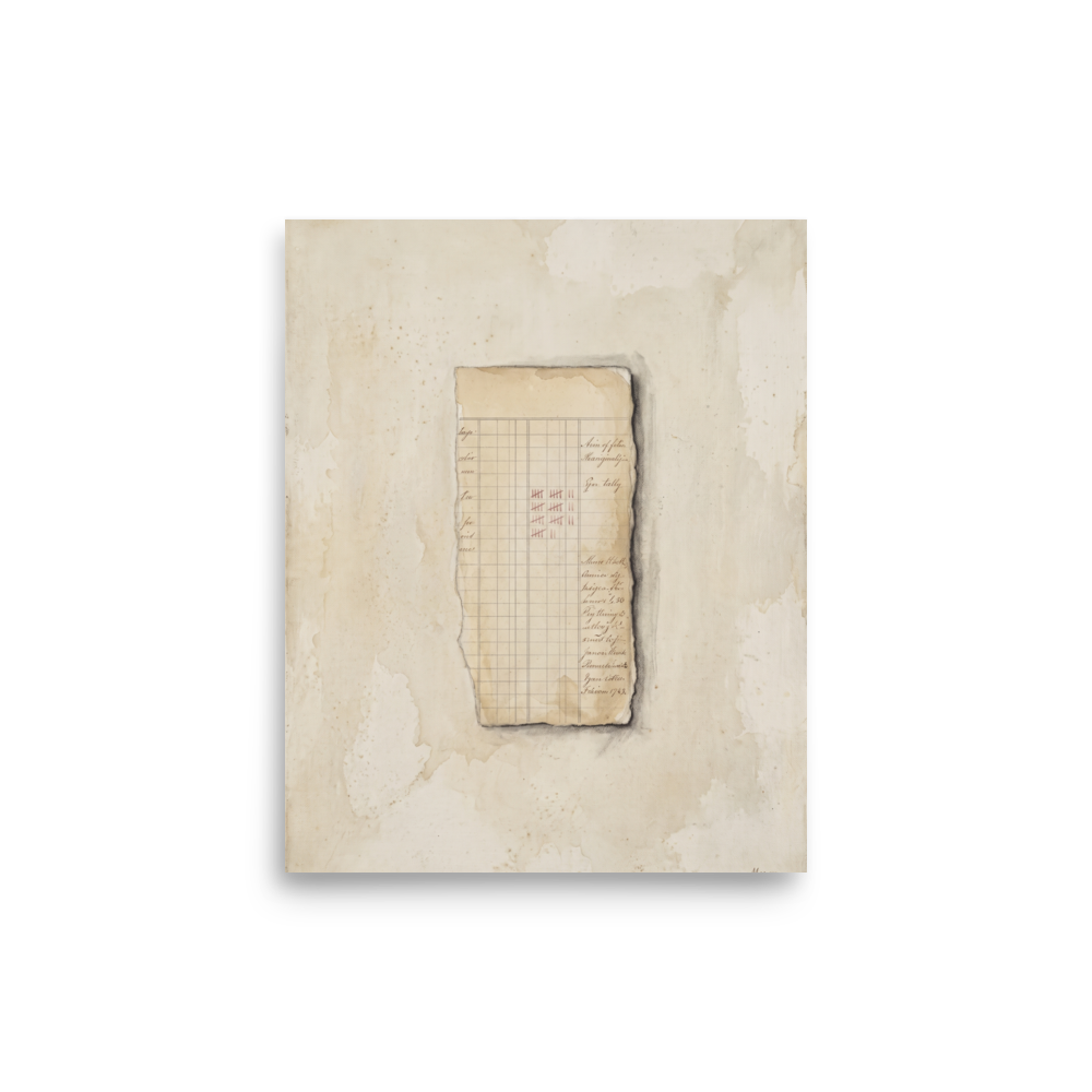A torn ledger paper with red tally marks rests on a stained parchment background in an office wall art print. A Conceptual art print in beige and tan, 'Silent Ledger'.