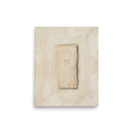 A torn ledger paper with red tally marks rests on a stained parchment background in an office wall art print. A Conceptual art print in beige and tan, 'Silent Ledger'.