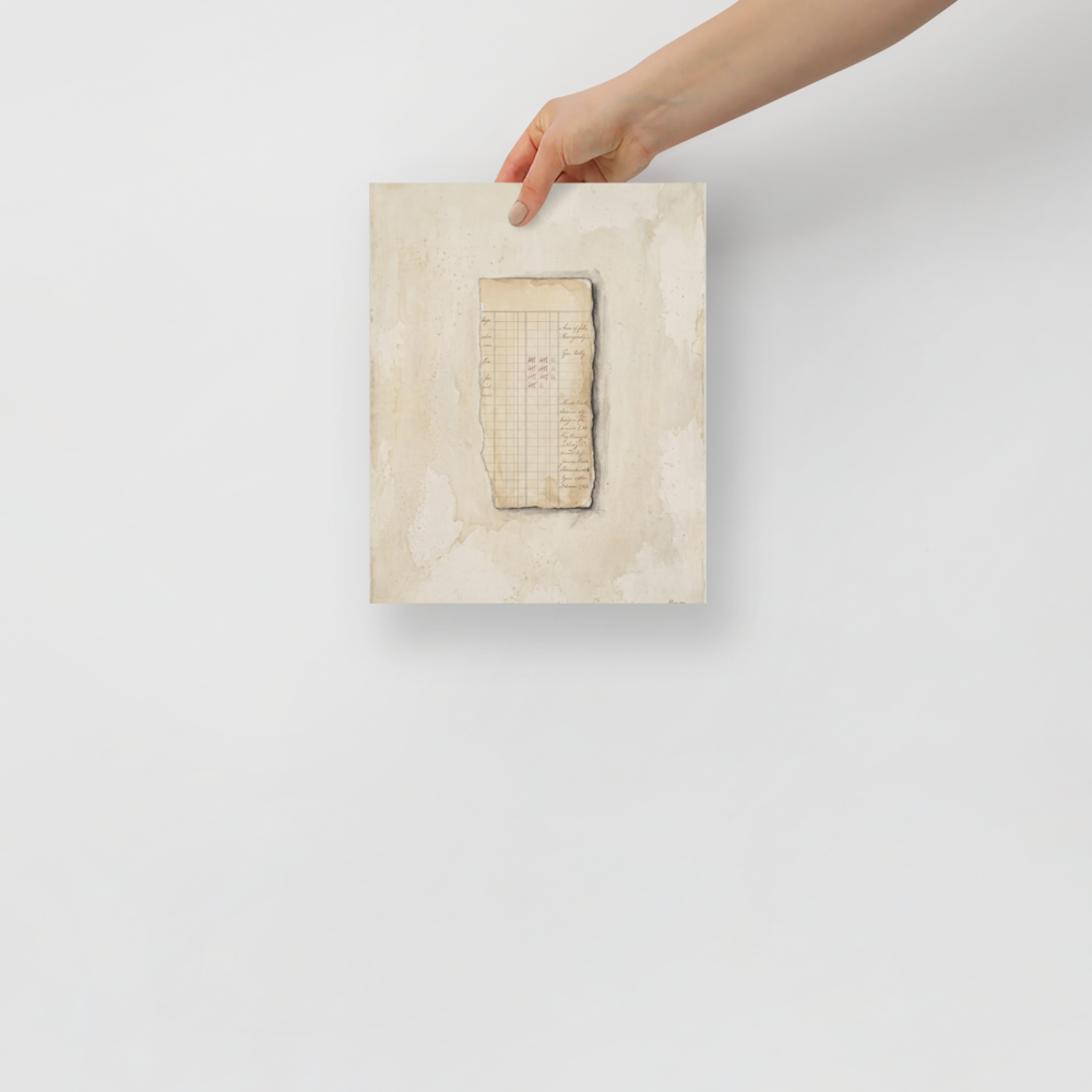 Conceptual art wall art, 'Silent Ledger'. A torn ledger paper with red tally marks rests on a stained parchment background in an office wall art print.