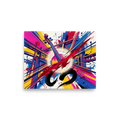 Vibrant futuristic artwork depicting a cello neck with explosive yellow and blue splatter lines, perfect for a modern living room wall. A Futurism print in magenta and yellow, 'Resonant Frequency'.