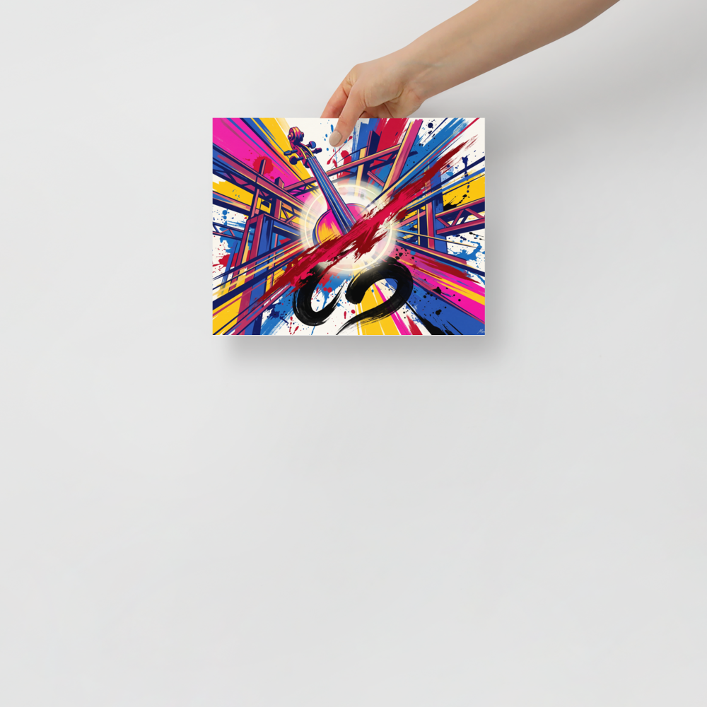 The Futurism print 'Resonant Frequency'. Vibrant futuristic artwork depicting a cello neck with explosive yellow and blue splatter lines, perfect for a modern living room wall.