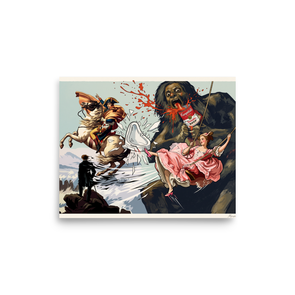 'Saturn's Soup'. A humorous pop art illustration depicting Goya's Saturn drinking Campbell's Tomato Soup alongside Fragonard's swing lady kicking Duchamp's urinal, ideal for a game room. Offered as a Pop art print.