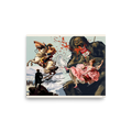 'Saturn's Soup'. A humorous pop art illustration depicting Goya's Saturn drinking Campbell's Tomato Soup alongside Fragonard's swing lady kicking Duchamp's urinal, ideal for a game room. Offered as a Pop art print.